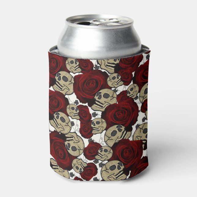 Enfriador De Latas Rosas Rojas y Calaveras Gris Floral Blanco Gótico (Lata Anverso)