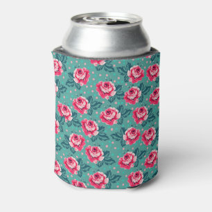 Enfriador De Latas Rosas rosadas bonitas y patrón de lunares en azul