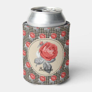 Enfriador De Latas Rosas rosadas vintage y patrón de dientes de perro
