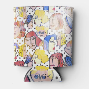 Enfriador De Latas Rostros de mujeres abstractas, puntos de polka acu