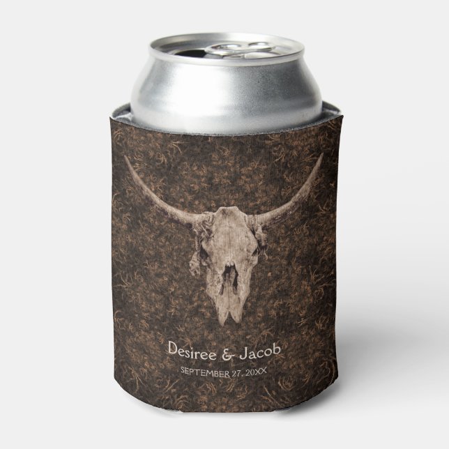 Enfriador De Latas Rustic Elegant Wedding Brown Western Bull Skull (Lata Anverso)