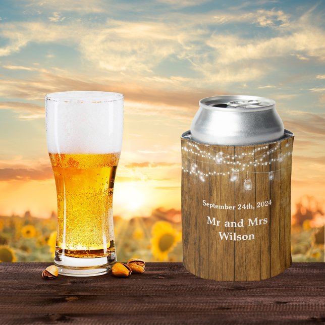 Enfriador De Latas Rustic Wood Mason Jar Hanging Lights Wedding (Subido por el creador)