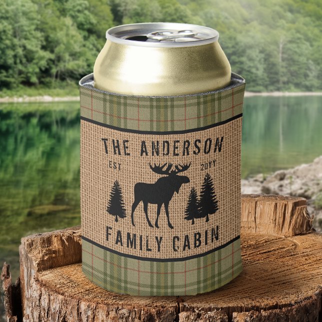 Enfriador De Latas Rústica familia Cabina Moose Pine Green Plaid Burl (No burlap was harmed in the making of this product :-))