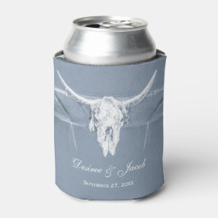 Enfriador De Latas Rústico Boda de cráneo de vaca azul blanco occid
