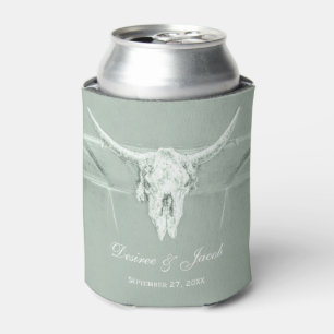 Enfriador De Latas Rústico Pastel Sage Green White Cow Skull