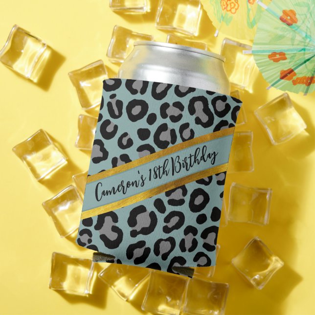 Enfriador De Latas Sage Green Leopard Girly Cheetah Nombre personaliz (Verano in situ)