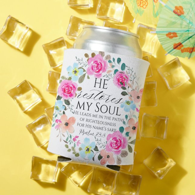 Enfriador De Latas Salmo 23:3 - Restaura mi alma Biblia Floral Rosa (Verano in situ)