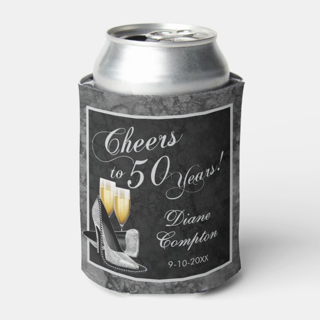 Enfriador De Latas Saludos a 50 años Plata y Negro (Lata Anverso)