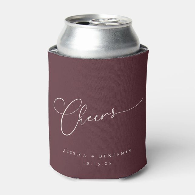 Enfriador De Latas Saludos Minimal Burgundy Script Custom Wedding (Lata Anverso)