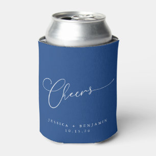 Enfriador De Latas Saludos Minimal Cobalt Blue Script Custom Wedding