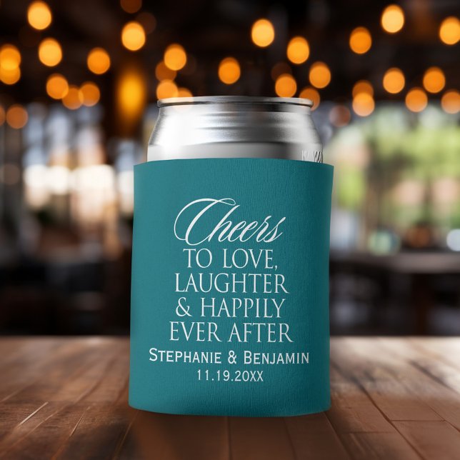 Enfriador De Latas Saludos para amar la risa alegremente siempre desp (Wedding and Anniversary Can Cooler - Personalize with names and dates)