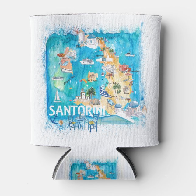 Enfriador De Latas Santorini Grecia Mapa ilustrado con las principale (Anverso)