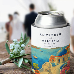 Enfriador De Latas Santorini Grecia Watercolor Skyline Boda
