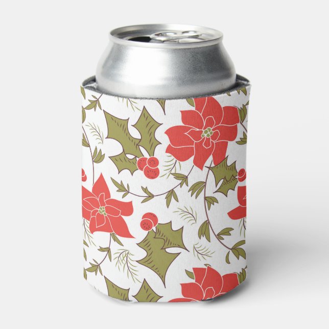 Enfriador De Latas Seamless Merry Navidad poinsettia rojo eux verde (Lata Anverso)