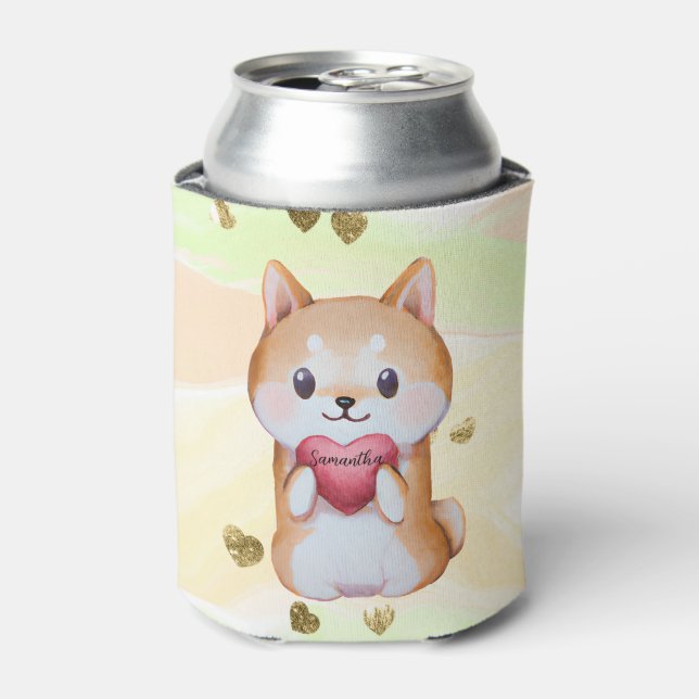Enfriador De Latas Shiba Inu sosteniendo un corazón (Lata Anverso)