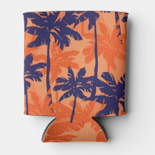 Enfriador De Latas Silueta de palmera azul, fondo naranja