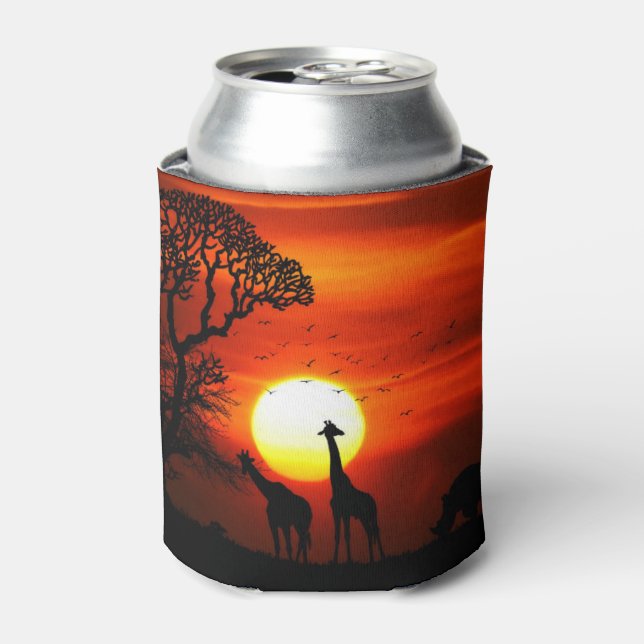 Enfriador De Latas Siluetas de animales de la puesta de sol de Safari (Lata Anverso)