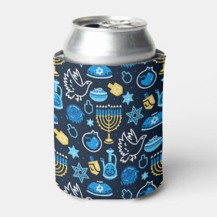 Enfriador De Latas Símbolos de Hanukkah Patrón azul