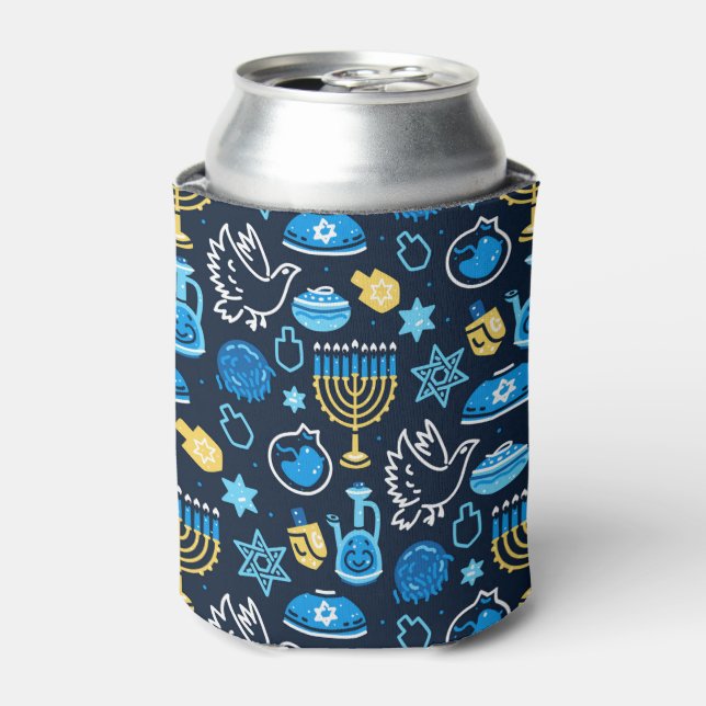 Enfriador De Latas Símbolos de Hanukkah Patrón azul (Lata Anverso)