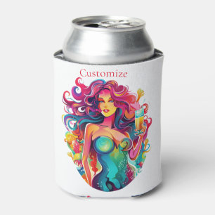 Enfriador De Latas Sirenita de cabello arcoiris con cóctel