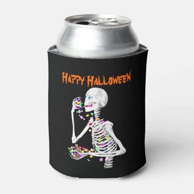 Enfriador De Latas Skeleton comiendo dulces de Halloween (Lata Anverso)