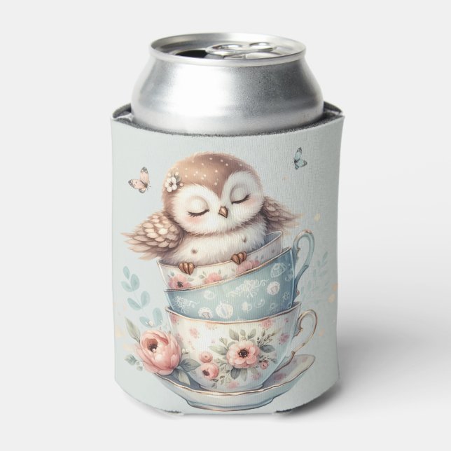 Enfriador De Latas Sleeping Owl in Stacked Floral Teacups (Lata Anverso)
