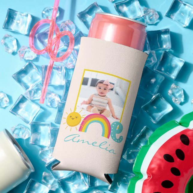 Enfriador De Latas Slim 1.ᵉʳ cumpleaños Personalizado de favores foto y no (Verano in situ)