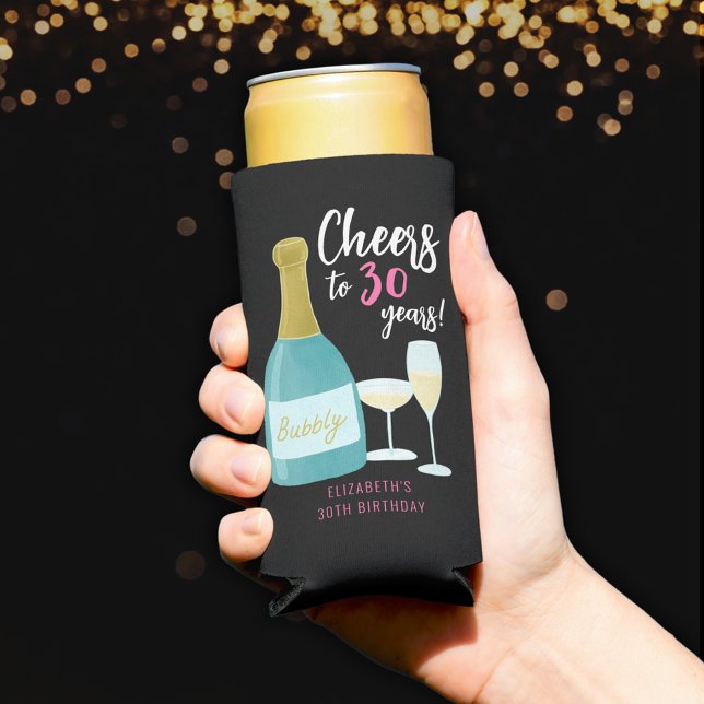 Enfriador De Latas Slim 30 cumpleaños Saludos al champán de los chicas de  (Fun girly 30th birthday party can coolers Cheers to 30 Years bubbles champagne fizz)