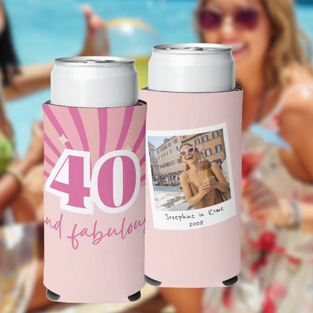 Enfriador De Latas Slim 40 y fabuloso cumpleaños de foto rosa (40 and fabulous personalized photo can cooler, retro 40th birthday party gift)