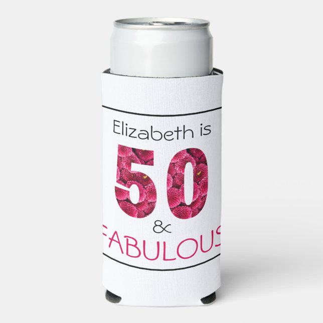 Enfriador De Latas Slim 50.º cumpleaños 50 y fabulosa floral rosa (Frente Agua con Gas)