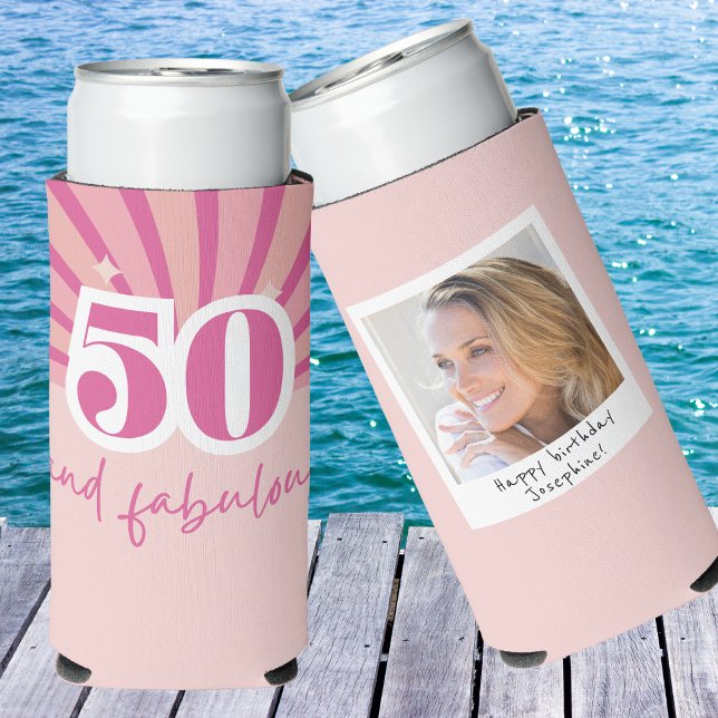 Enfriador De Latas Slim 50 y fabuloso CON FOTO, cumpleaños retro (50 and fabulous personalized photo can cooler, retro 50th birthday party gift)