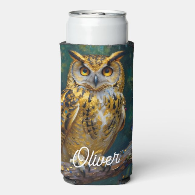 Enfriador De Latas Slim A Blue and Gold Majestic Owl   (Reverso Agua con Gas)