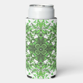 Enfriador De Latas Slim Abstract Floral Pattern In Black Green On White