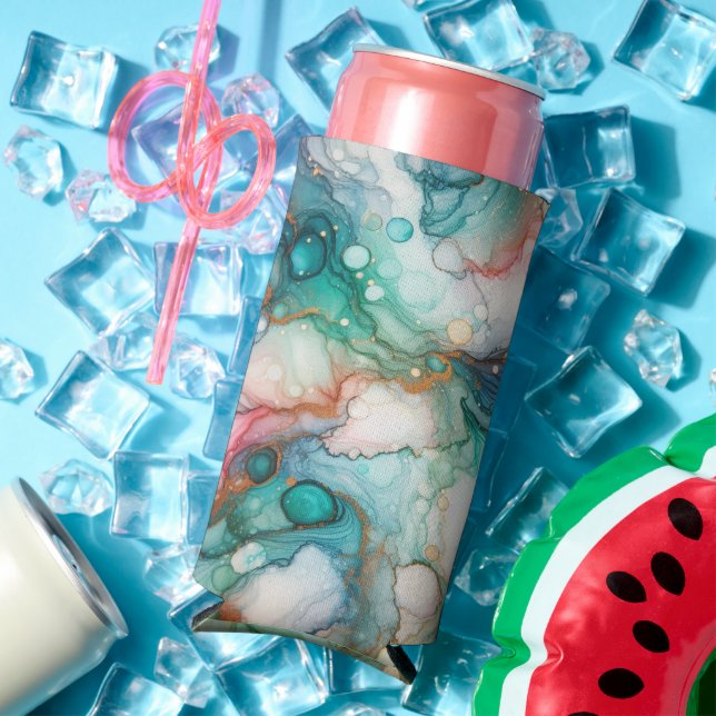 Enfriador De Latas Slim Abstract in Pink, Teal, Blue, and Gold (Verano in situ)