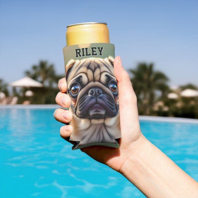Enfriador De Latas Slim Adorable Pug Close up | Cute Dog Personalized (Piscina in situ)