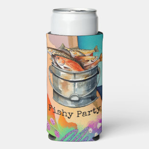 Enfriador De Latas Slim Amantes de la pesca cumpleaños con acuarela Fish H