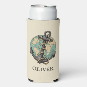 Enfriador De Latas Slim Ancla y Globo Vintage: Viajero Mundial Náutico