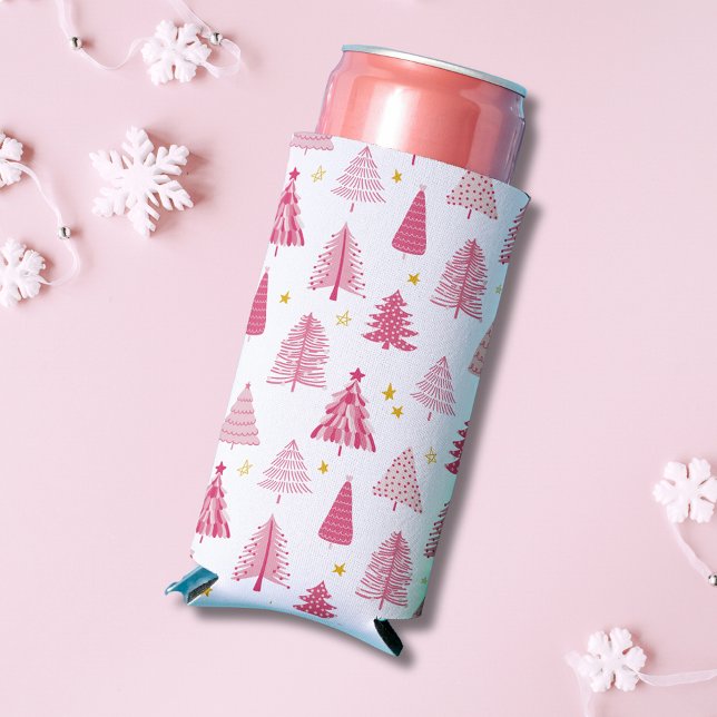 Enfriador De Latas Slim Árbol de vacaciones de Navidades rosados (Perfect for parties and celebrations, our pink winter wonderland Christmas tree forest woodland)