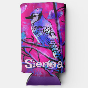Enfriador De Latas Slim Arrendajo Azul Rama de Árbol Rosa Personalizado