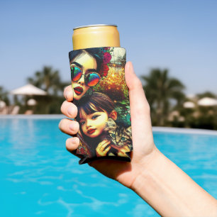 Enfriador De Latas Slim Arte colorido mamá e hija jardín de flores asiátic