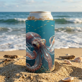 Enfriador De Latas Slim Arte de Pulpo de Vidrio Irisado | Fantasía de Mar 