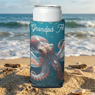 Enfriador De Latas Slim Arte de Pulpo de Vidrio Irisado   Personalizado