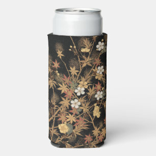 Enfriador De Latas Slim Arte Floral de Otoño Vintage Japonés Negro Dorado