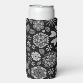Enfriador De Latas Slim Arte floral retro en negro y gris patrón continuo