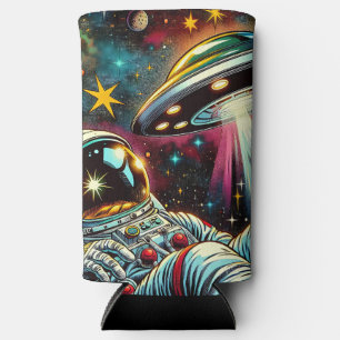 Enfriador De Latas Slim Astronauta flotando en el espacio con un arte de O