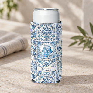 Enfriador De Latas Slim Azul chic blanco toile de jouy Muñecas y flores