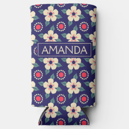 Enfriador De Latas Slim Azul Marino Personalizado Vintage Floral