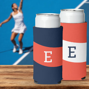 Enfriador De Latas Slim Azul Marino y Rojo Coral Monograma Inicial Elegant