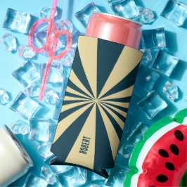 Enfriador De Latas Slim Azul Retro y Rayas Beige  Nombre Minimalista en Cu