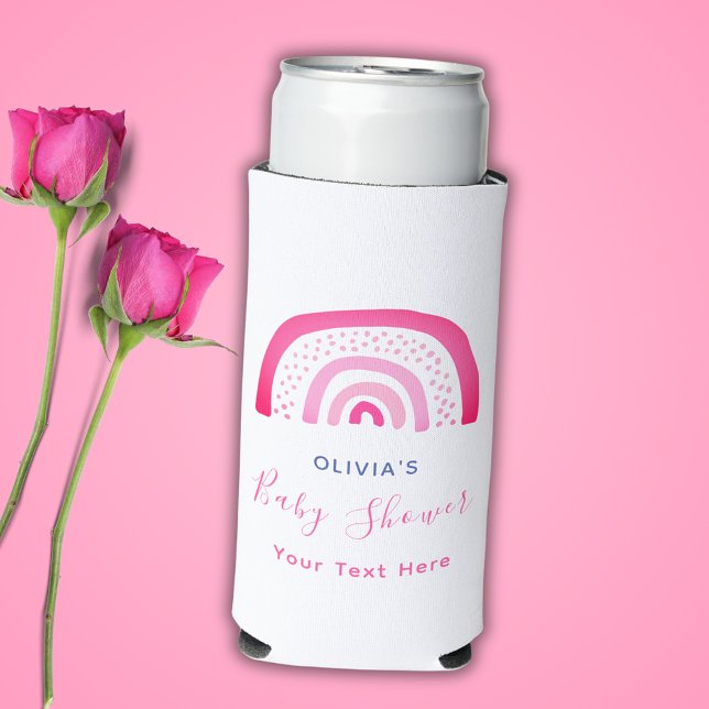 Enfriador De Latas Slim Baby Shower de arco iris rosado moderno (Custom baby shower can cooler in pink rainbow design.  Customize with own text. See the full range.)